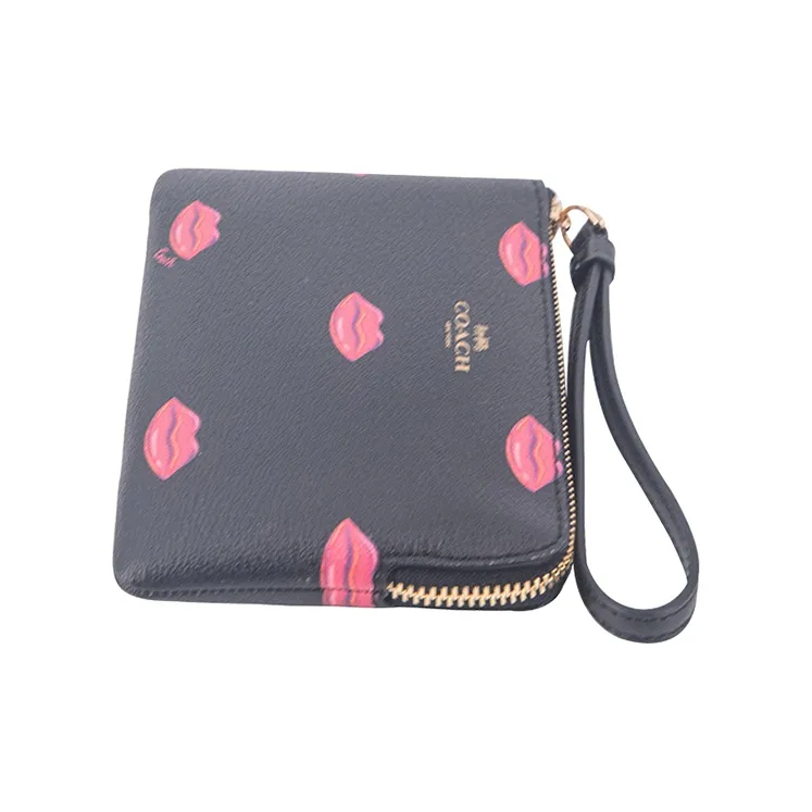 COACH Corner Zip PVC Coin Purse Women's Black Base With Red Lip Print-3