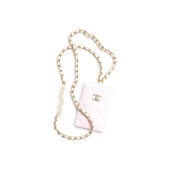CHANEL 22c Early Spring Grain Embossed Calfskin Necklace Pouch Card Holder Women's Pink