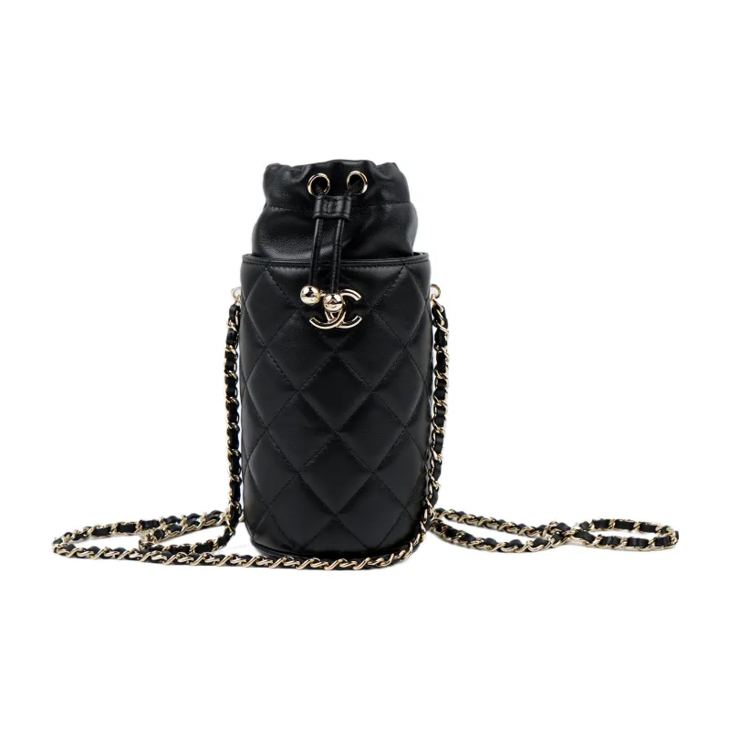 CHANEL Lambskin Chain Drawstring Water Bottle Pocket, Chain Bag, Crossbody Bag Women's Black-0