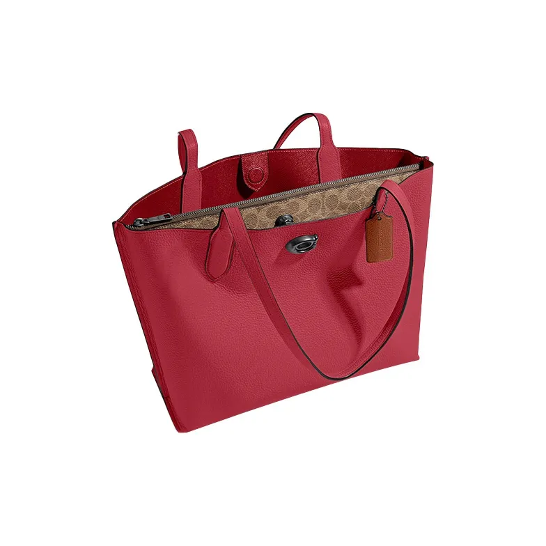 COACH Willow Polished Grained Leather Patchwork Canvas Tote Bag Shopping Bag Handbag Shoulder Bag Women's Vintage Red-3