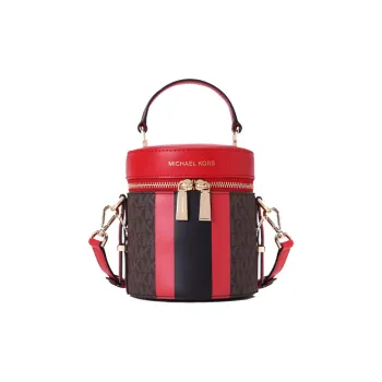 MICHAEL KORS Bedford Leather Cylinder Bag, Crossbody Handbag Medium Size Women's Bright Red & Brown Multicolor