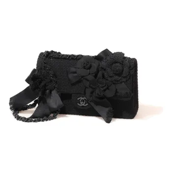 CHANEL Classic Flap CF Embroidery Twill Soft Woolen Shoulder Bag Women's Black