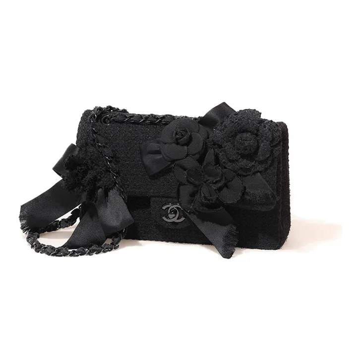 CHANEL Classic Flap CF Embroidery Twill Soft Woolen Shoulder Bag Women's Black-0