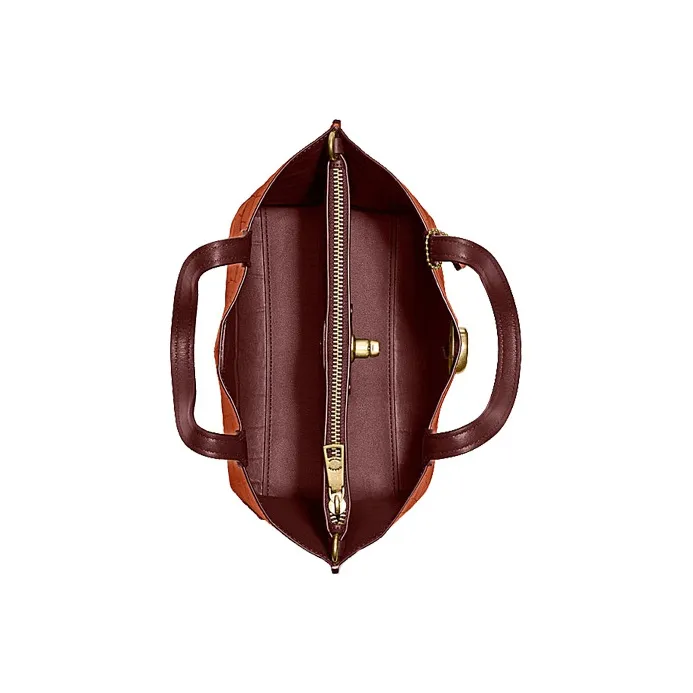 COACH Crocodile Pattern Leather Bucket Bag Tote Bag Shopping Bag Crossbody Handbag Medium Size Women's Caramel Brown-3