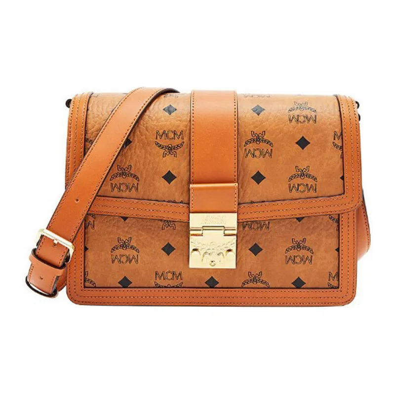 MCM Visetos Coated Canvas Messenger Bag, Crossbody Bag, Shoulder Bag Medium Size Women's Brown Cognac-0