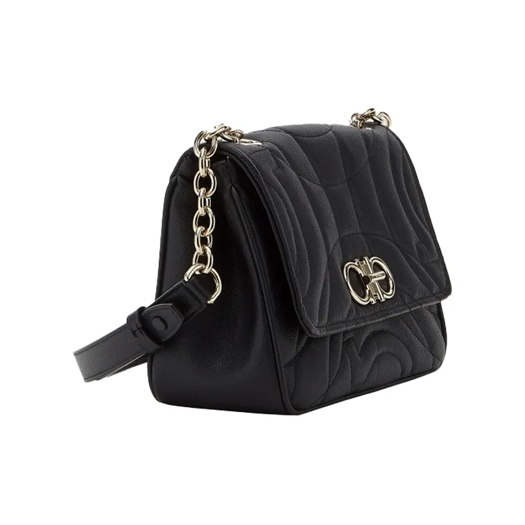 FERRAGAMO GANCINI Quilting Cow Leather Crossbody Bag, Shoulder Bag Small Size Women's Black-1