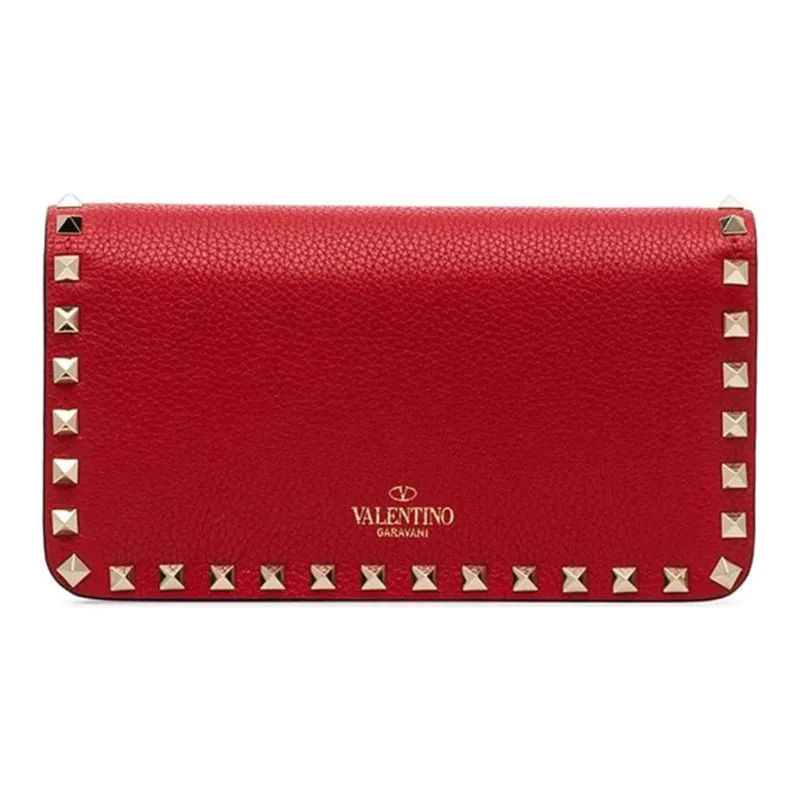 Valentino Rockstud Grained Calfskin Messenger Bag Shoulder Bag Crossbody Bag Clutches Women's Red-1