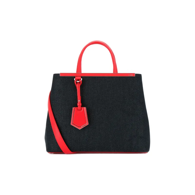 FENDI Denim With Leather Tote Bag Shopping Bag Shoulder Bag Crossbody Bag Handbags Medium Size Women's Black-0