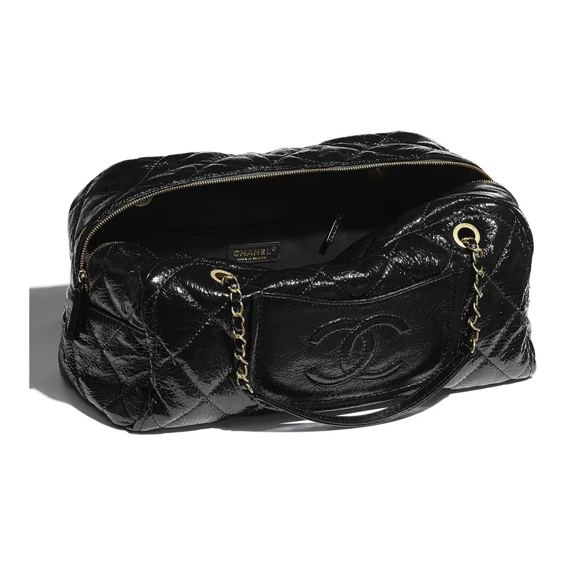 CHANEL Shiny Crinkle Calfskin One Shoulder Handbag Tubas Women's Black-2