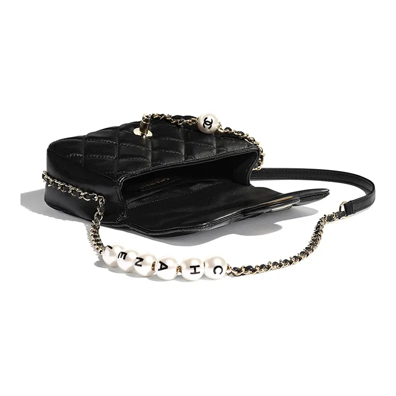 CHANEL Sheepskin Pearl Metal Shoulder Bag Trumpets Women's Black-1