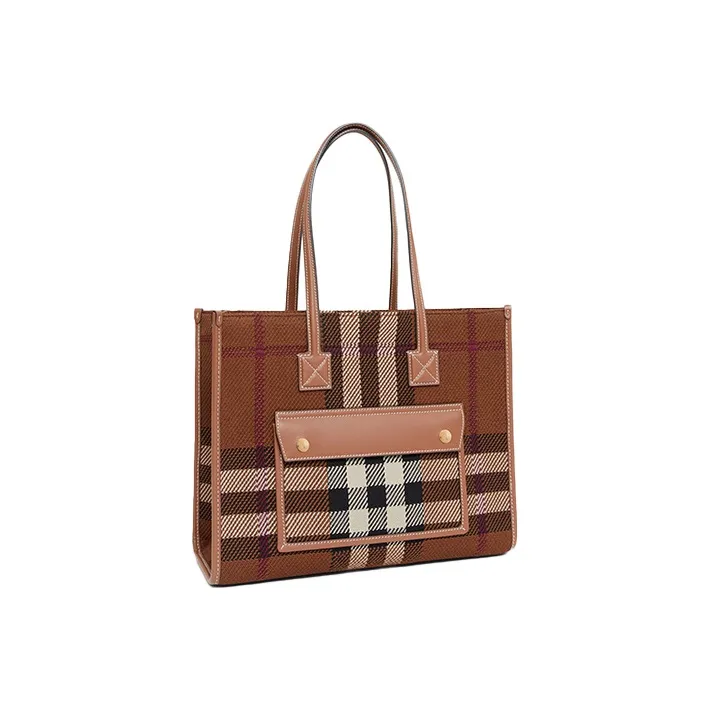 Burberry Freya Calfskin Patchwork Fabric Tote Bag Shopping Bag Shoulder Bag Handbag Small Size Women's Birch Brown-1