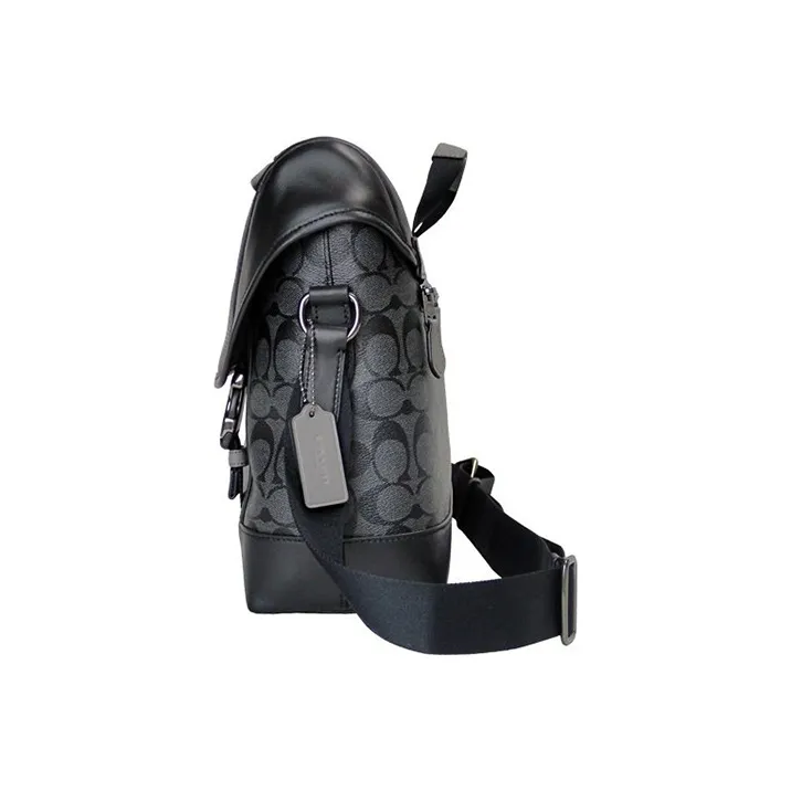 COACH Ranger Coated Canvas With Smooth Calfskin Messenger Bag Large Size Men's Black Gray Color-2