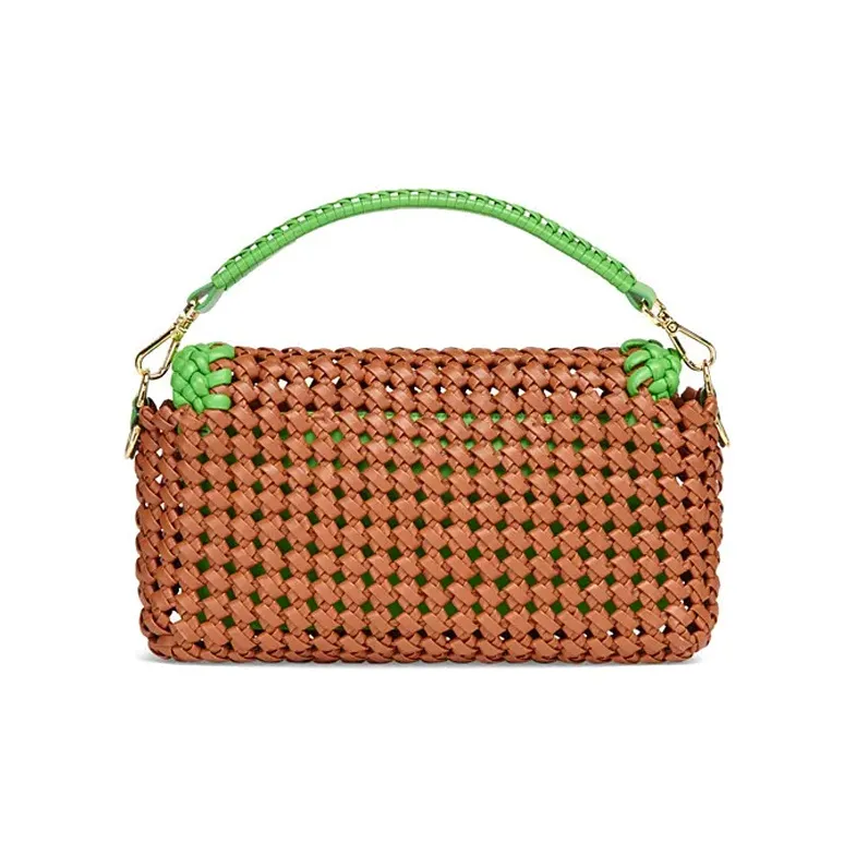 FENDI Baguette Sheepskin One Shoulder Crossbody Baguette Bag Handbag Medium Size Women's Brown & Green-2