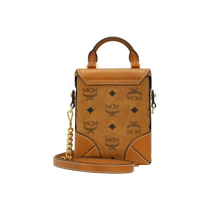 MCM Soft Berlin Visetos Cow Leather One Shoulder Handbag, Crossbody Bag Mini Women's Brown Cognac-3