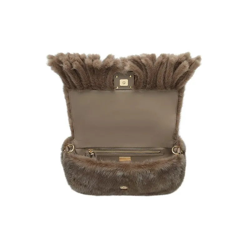 FENDI Baguette Mink Fur Blended With Lambskin Baguette Bag Handbag Shoulder Bag Crossbody Bag Medium Size Women's Gray-3