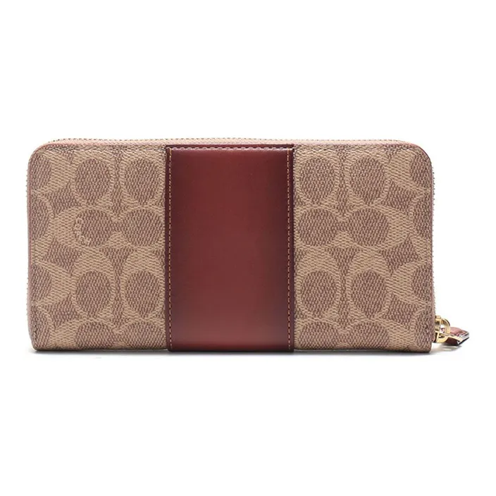 COACH Accordion Zip Canvas With Leather Canvas Bag Hand-Operated Accordion Wallet Women's Brown Multicolor Monogram-3