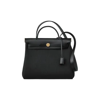HERMES Herbag Zip Reversible Canvas With Cow Leather Handbag Shoulder Bag Crossbody Bag Regular Unisex Black