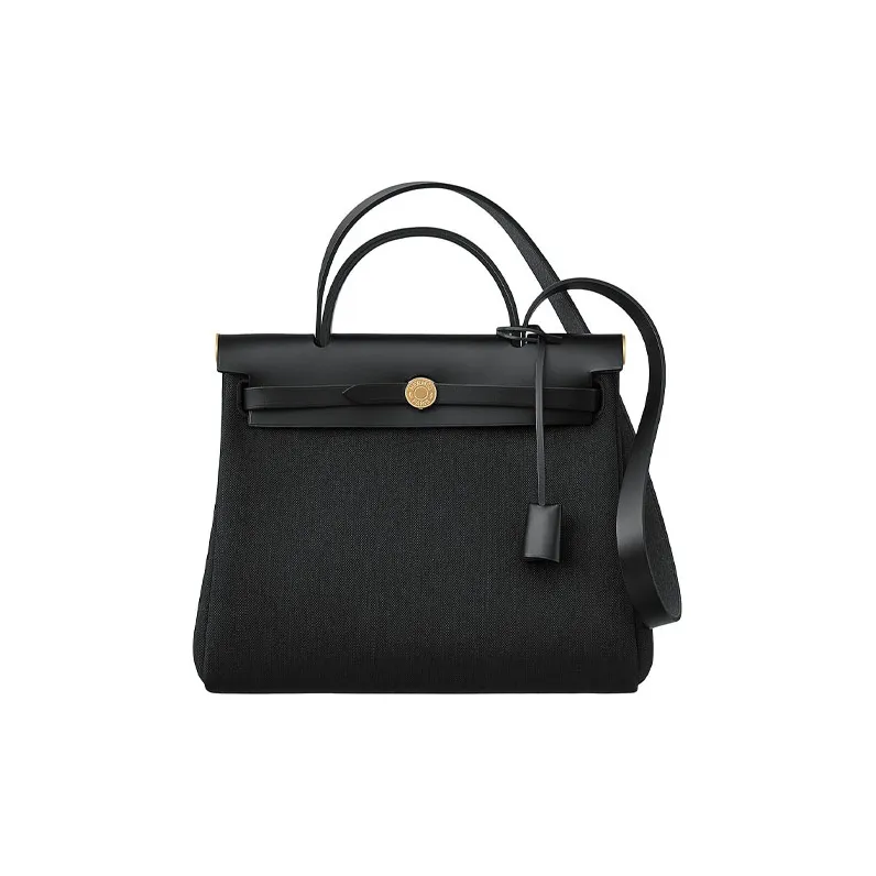 HERMES Herbag Zip Reversible Canvas With Cow Leather Handbag Shoulder Bag Crossbody Bag Regular Unisex Black-0