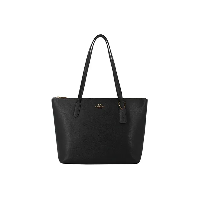 COACH Zip Top Tote Leather Tote Bag, Shopping Bag, Handbag, Shoulder Bag Regular Women's Pure Black-0