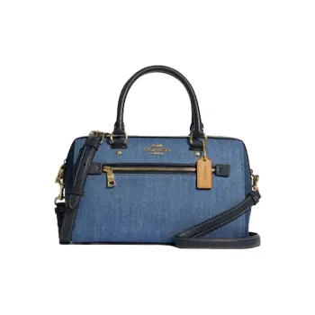 COACH Rowan Denim With Pebbled Leather Boston Bag Handbag Crossbody Bag Large Size Women's Denim Blue