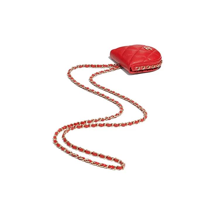 CHANEL Caviar Calfskin Chain Necklace Coin Purse Earphone Case Women's Red-2