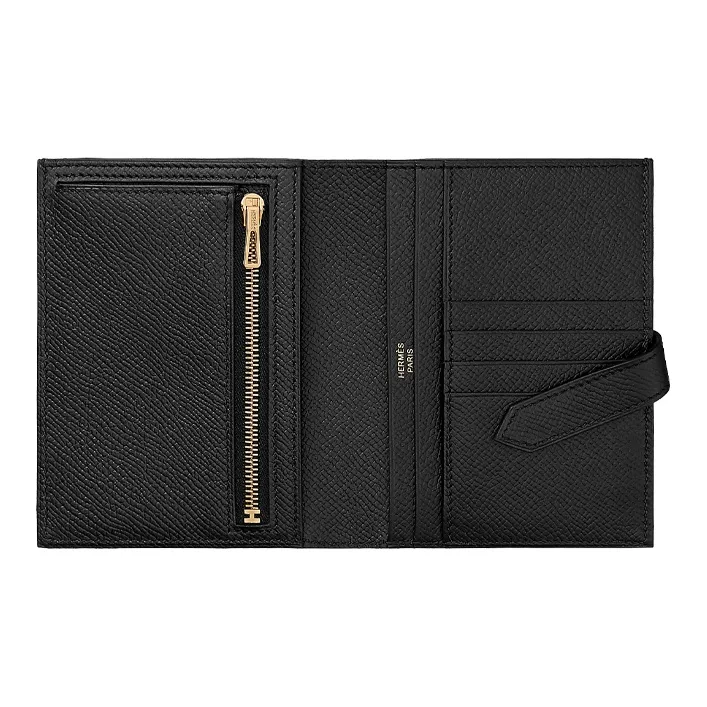 HERMES Bearn Cow Leather Short Wallet Women's Black-2