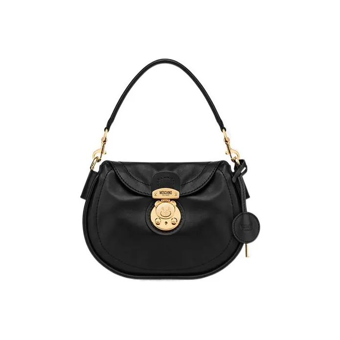 MOSCHINO Teddy Cow Leather Hobo Bag, Shoulder Bag, Handbag Small Size Women's Black-0