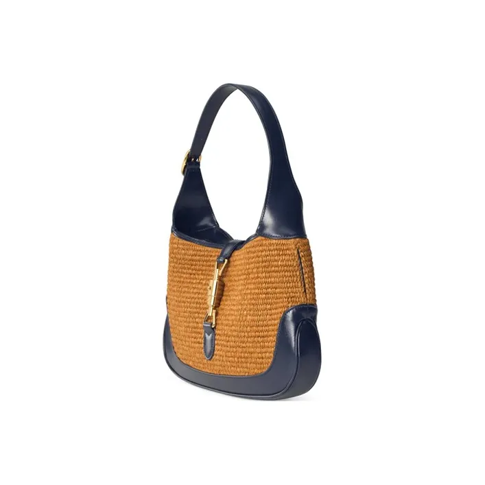 GUCCI Jackie 1961 Fabric With Leather Crescent Shoulder Bag Shoulder Bag Small Size Women's Brown Blue Multicolor-1