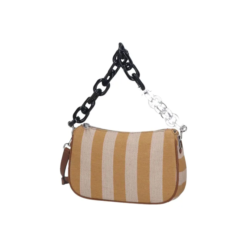 Furla Cotton Linen With Leather Handbag Shoulder Bag Women's Brown & Gray-3