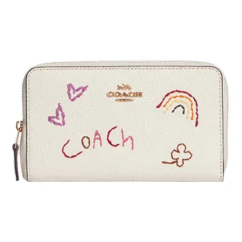 COACH Diary Embroidery Collaboration Id Zip Wallet Pebbled Leather Card Holder Wallet Women's White