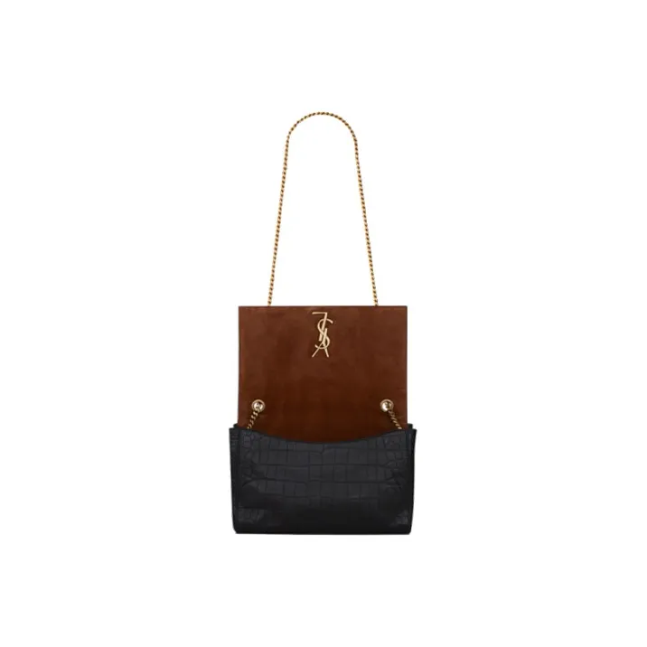 SAINT LAURENT KATE Crocodile Pattern Embossed Cow Leather Shoulder Bag Crossbody Bag Medium Size Women's Black/Brick-4