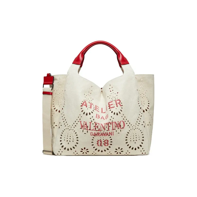 Valentino GARAVANI Canvas Canvas Bag Tote Bag Shopping Bag Handbag Large Size Women's Beige/Red-0