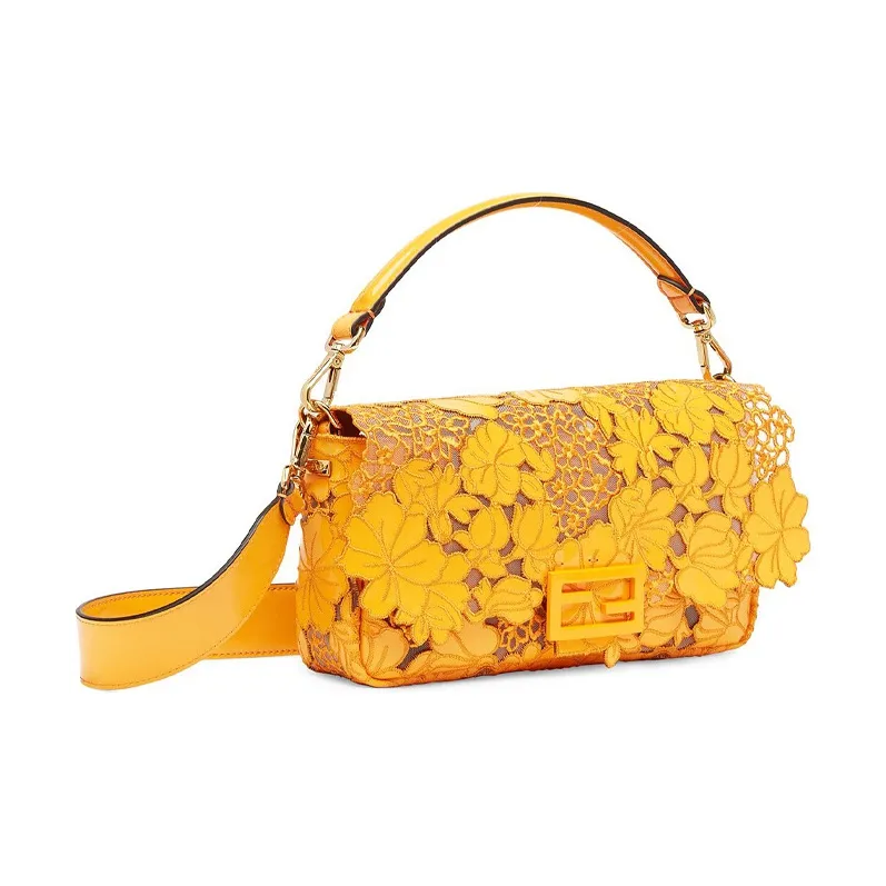 FENDI Baguette Leather Handbag Medium Size Women's Orange-1