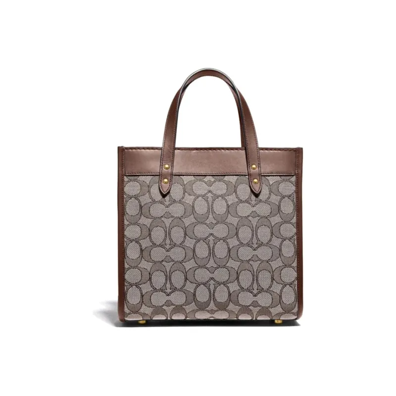 COACH Field Canvas With Leather Canvas Bag Commute Versatile Paper Bag Tote Crossbody Handbags Small Size Women's Brown-0