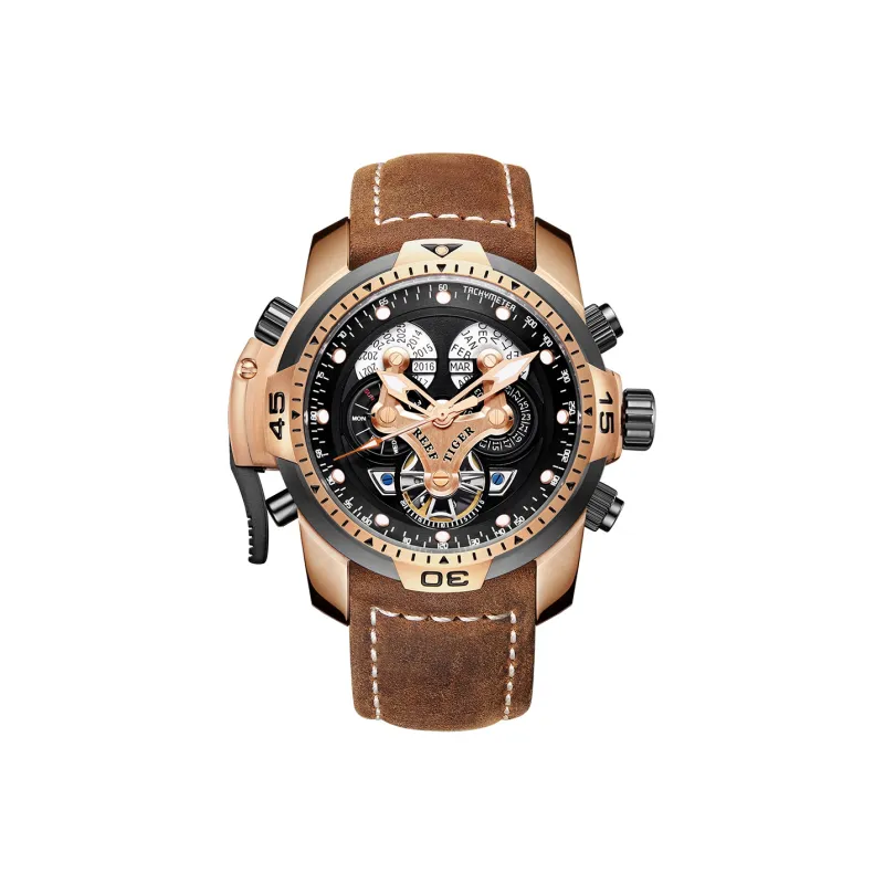 REEF TIGER Aurora Automatic Mechanical Movement Cowhide Strap Watch Men's Watches Black Dial-0