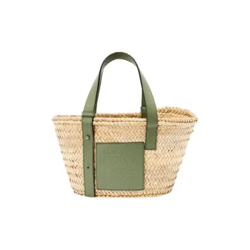 LOEWE Basket Palm Fiber Cow Leather Basket Bag Tote Bag Shopping Bag Handbag Small Size Women's Green