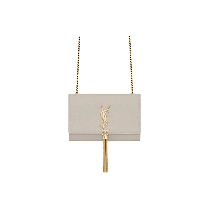 SAINT LAURENT KATE Grain Calfskin Fringe Bag, Shoulder Bag, Crossbody Bag Trumpets Women's White-0