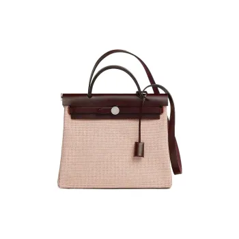 HERMES Herbag Zip Cow Leather Shoulder Bag Crossbody Bag Women's Beige/Brick Red/Pink
