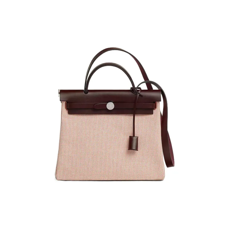 HERMES Herbag Zip Cow Leather Shoulder Bag Crossbody Bag Women's Beige/Brick Red/Pink-0