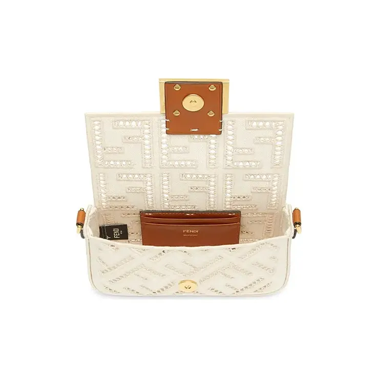 FENDI Baguette Canvas With Leather Baguette Bag Handbag Shoulder Bag Crossbody Bag Mini Women's White/Brown-3