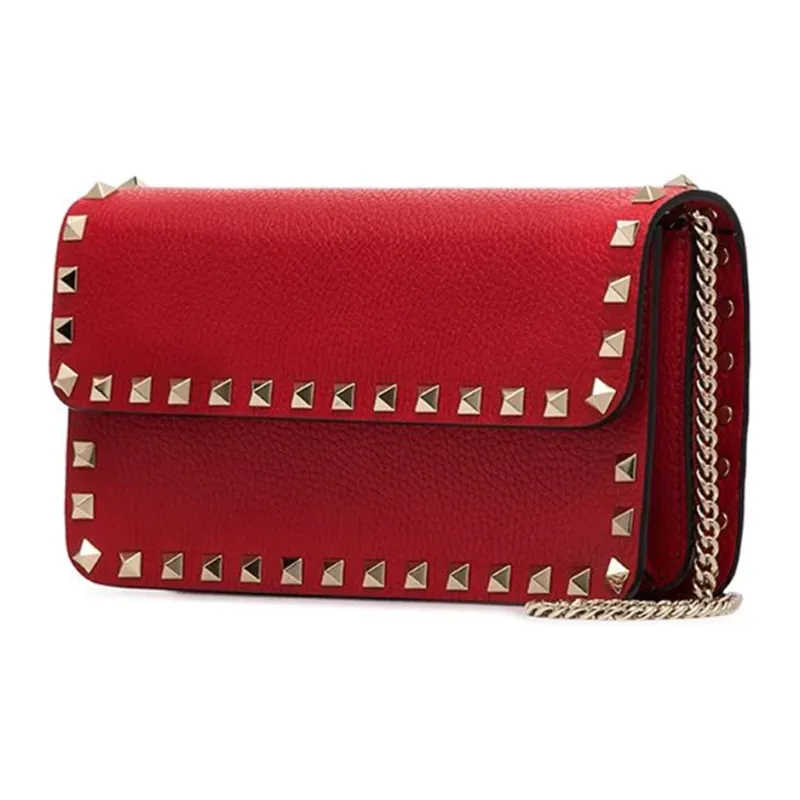 Valentino Rockstud Grained Calfskin Messenger Bag Shoulder Bag Crossbody Bag Clutches Women's Red-2