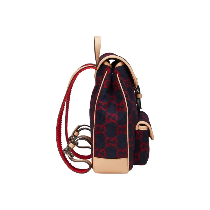 GUCCI Wool Patchwork Leather Backpack Kids' Dark Blue/Red/Beige-3
