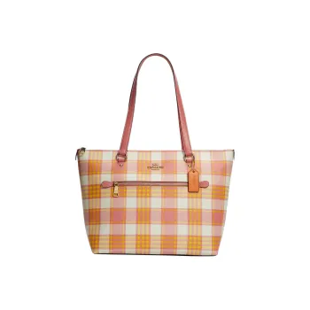 COACH Gallery Coated Canvas With Leather Tote Bag, Shopping Bag, Shoulder Bag Women's Toffee & Gold Zip Closure