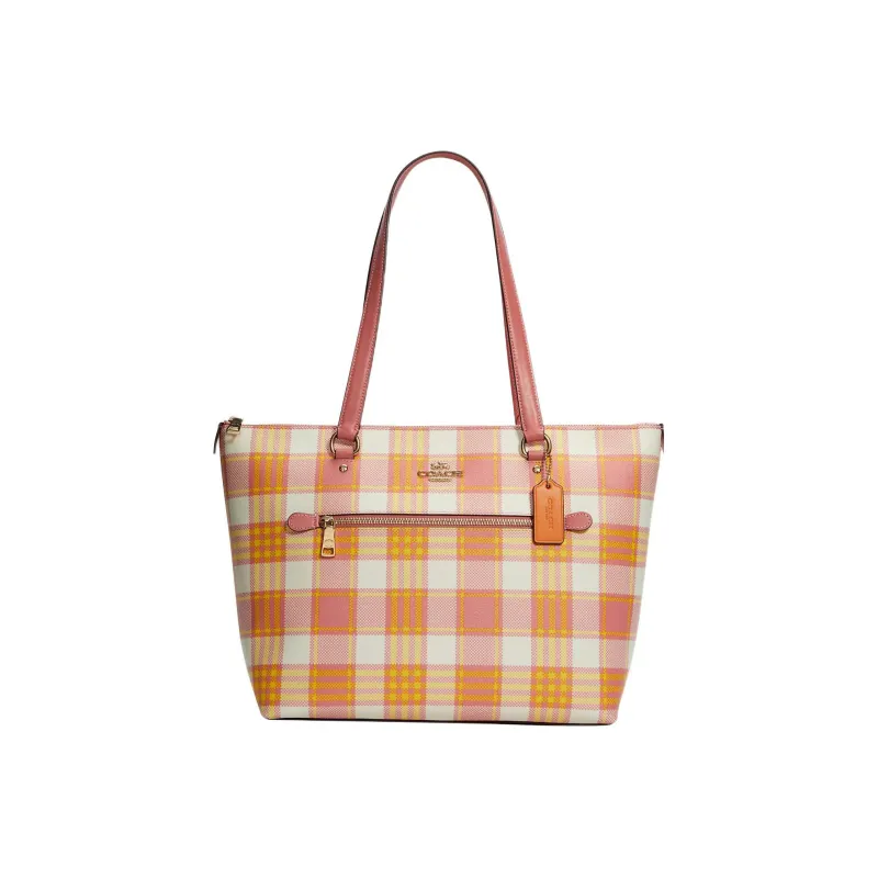COACH Gallery Coated Canvas With Leather Tote Bag, Shopping Bag, Shoulder Bag Women's Toffee & Gold Zip Closure-0