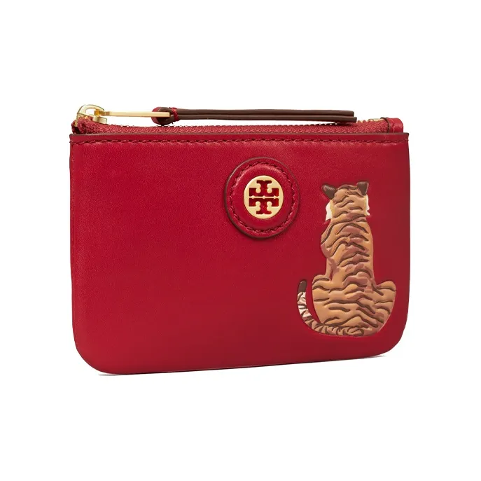 TORY BURCH Leather Key Ring Card Pouch Women's Hazelnuts & Brown & Red-1