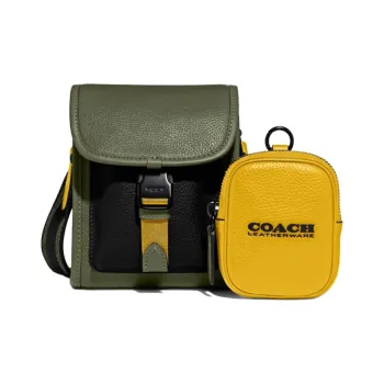 COACH Charter Pebbled Leather Shoulder Bag, Crossbody Bag Mini Men's Army Green & Yellow
