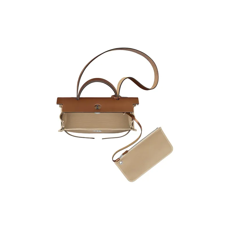 HERMES Herbag Zip Canvas With Hunter Cow Leather Handbag Shoulder Bag Crossbody Bag Regular Unisex Tawny-3