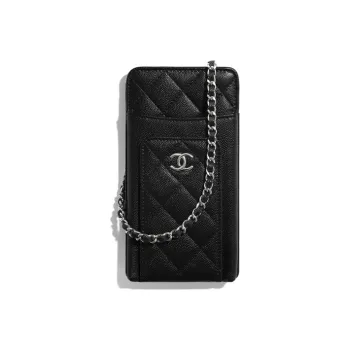 CHANEL Grain Calfskin Fabric And Silver Metal Chain Bag, Shoulder Bag Women's Black