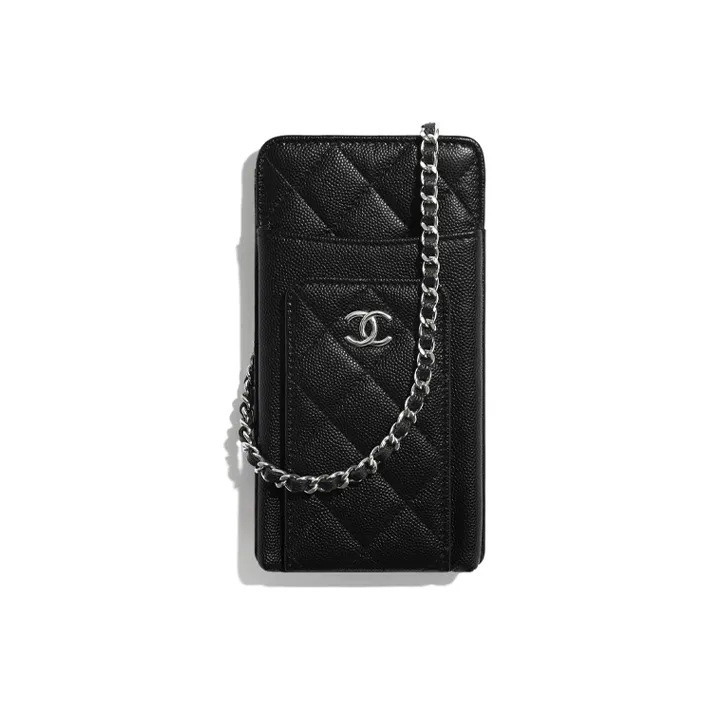CHANEL Grain Calfskin Fabric And Silver Metal Chain Bag, Shoulder Bag Women's Black-0