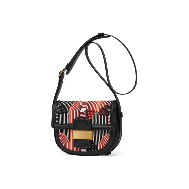 CHARLES&KEITH PU, Textile Mixture Saddle Bag, Crossbody Bag Medium Size Women's Multicolor-1